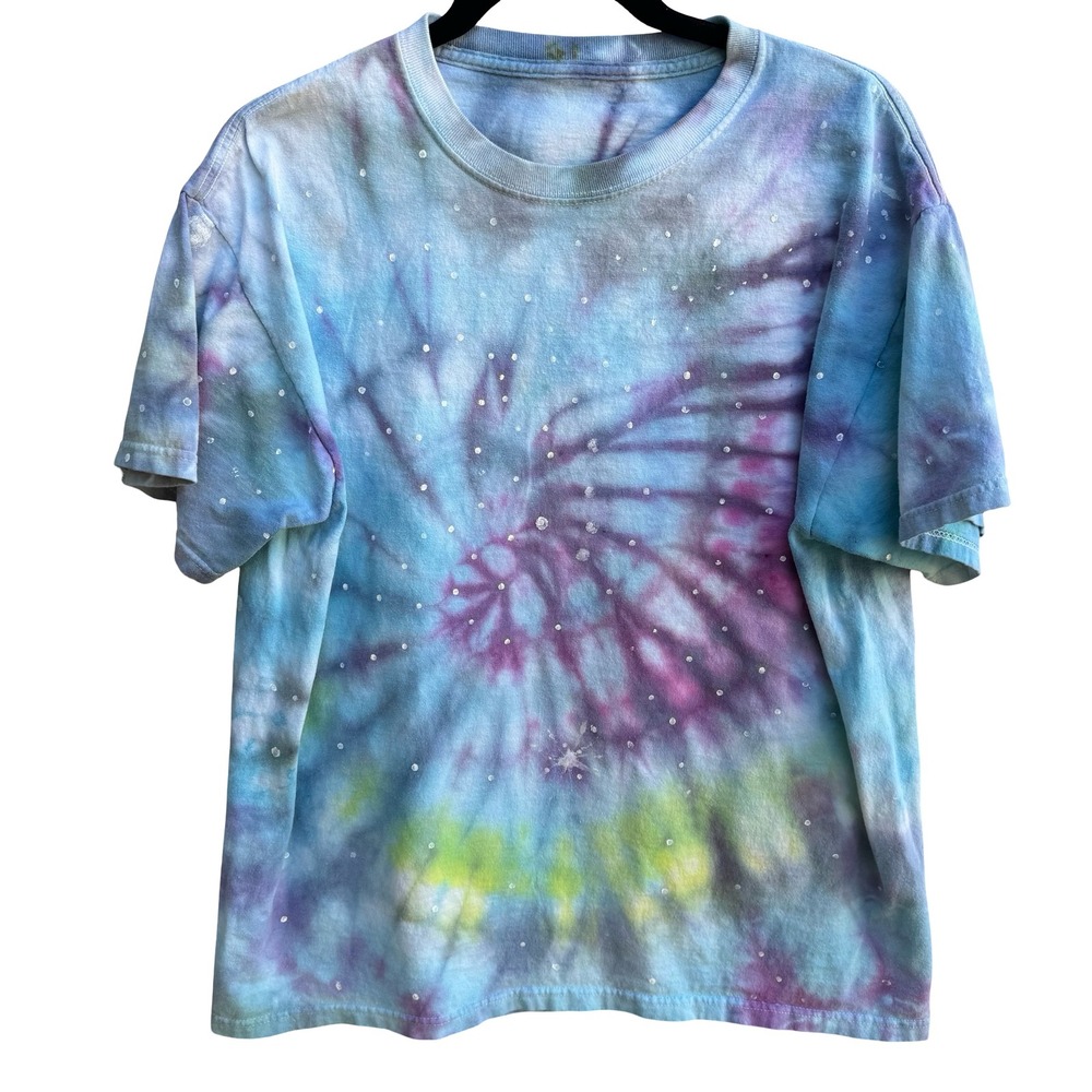 Vintage 90s Custom Tie Dye Psychedelic Hand Painted Starry Spiral T-Shirt Blue L